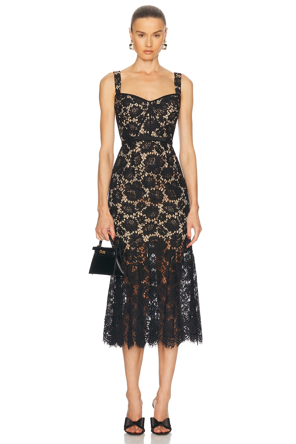 Image 1 of self-portrait Fine Lace Midi Dress in Black
