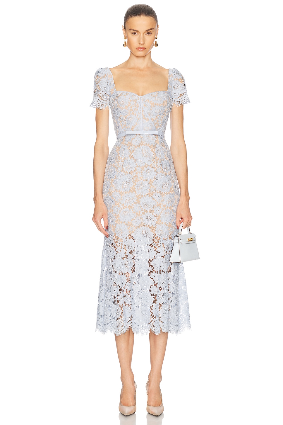 Image 1 of self-portrait Fine Lace Midi Dress in Blue