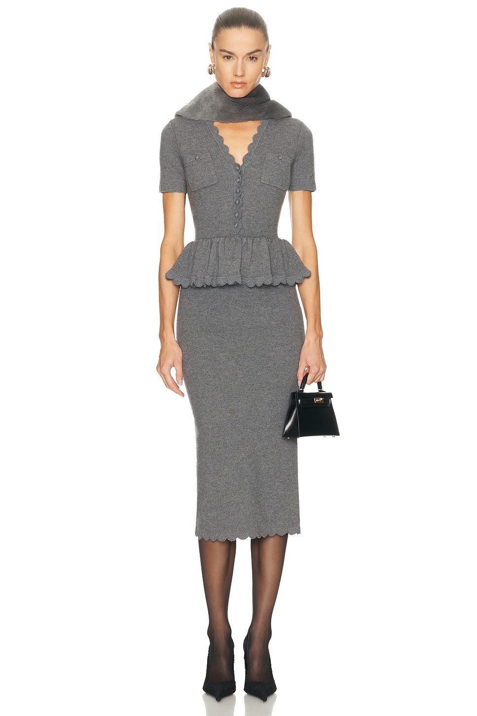 Image 1 of self-portrait Peplum Knit Midi Dress in Grey