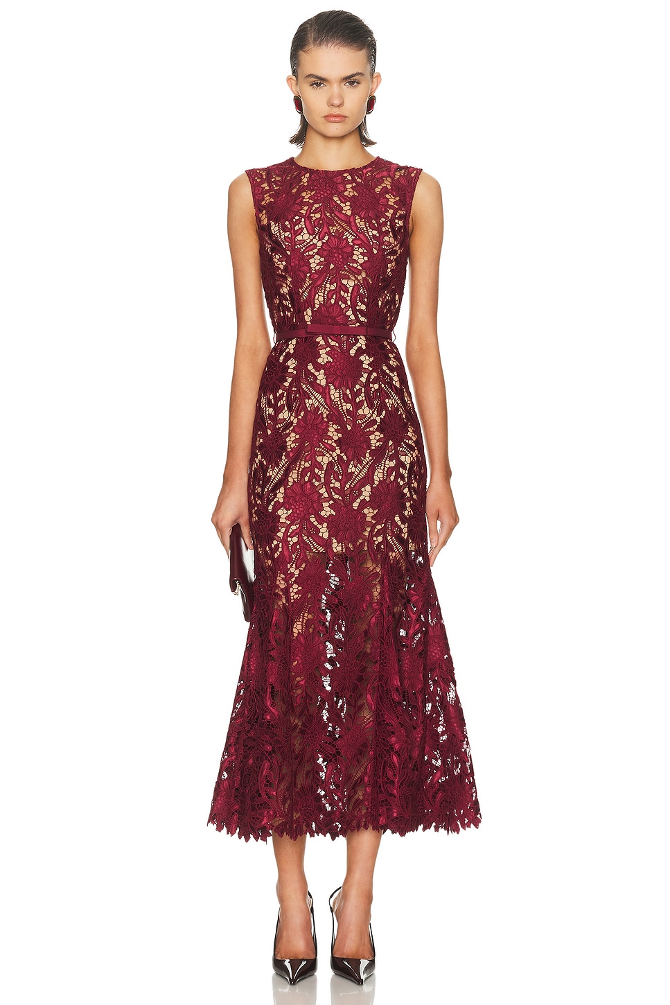 Image 1 of self-portrait Guipure Lace Midi Dress in Burgundy