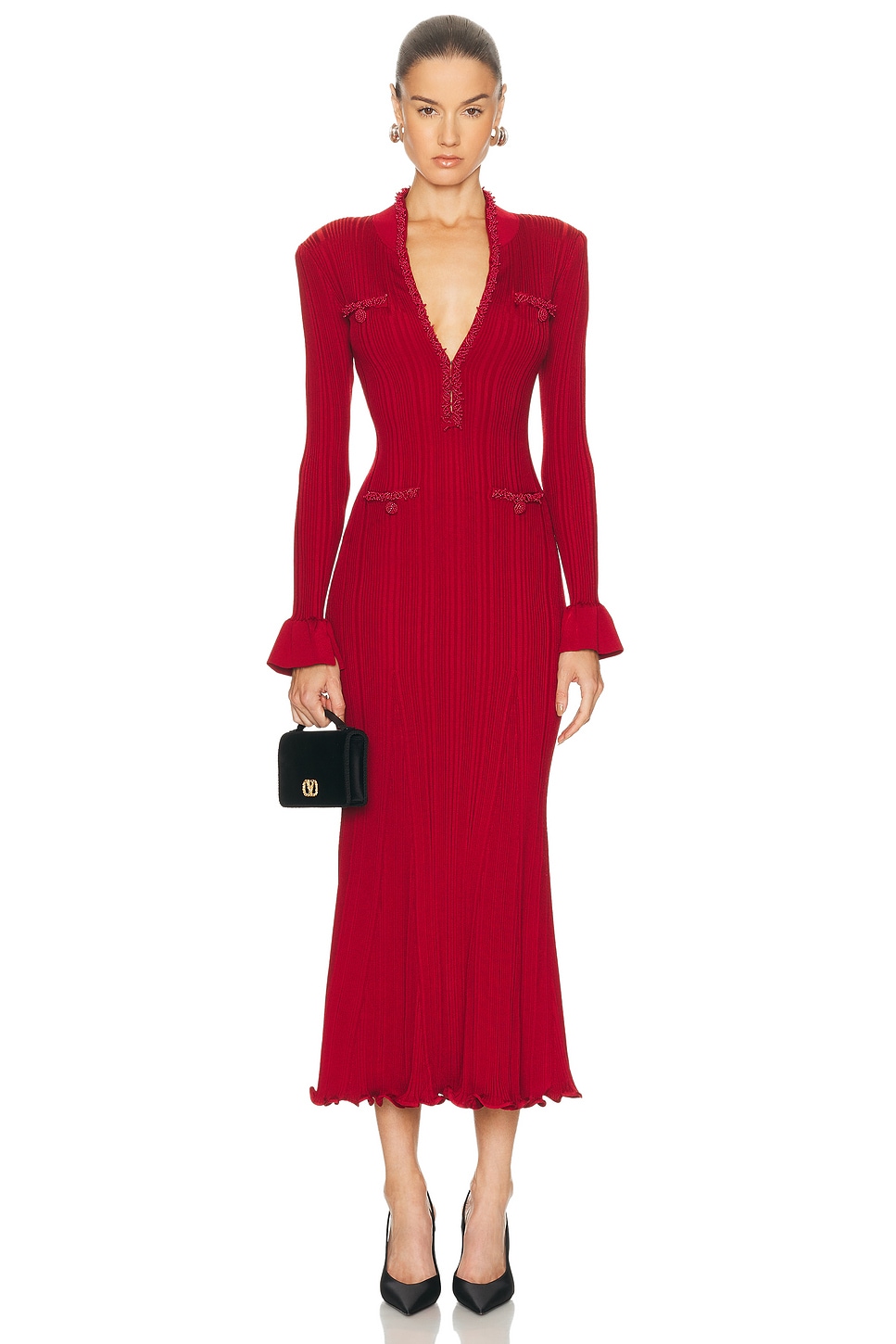 Image 1 of self-portrait Pearl Trim Midi Dress in Red