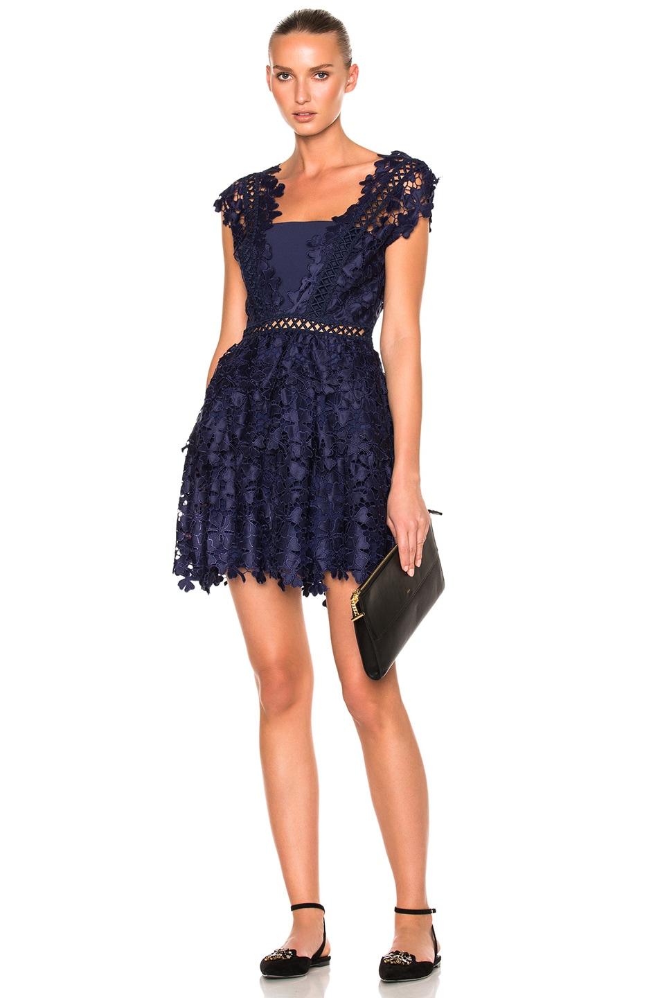 Image 1 of self-portrait Clover Embroidered Mini Dress in Navy