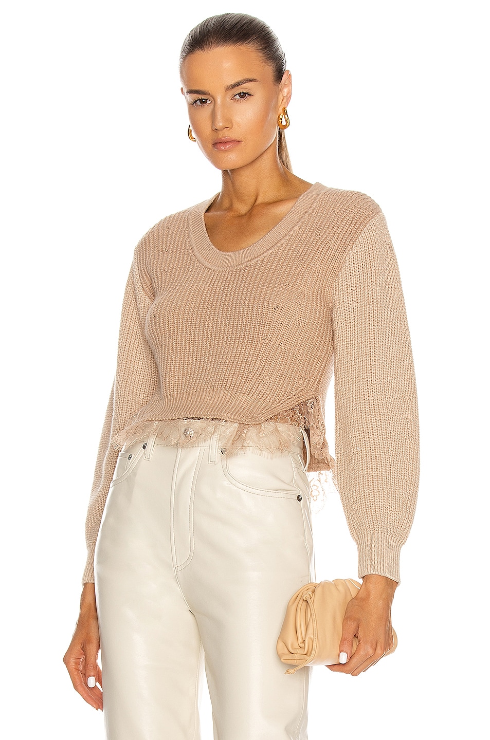 Image 1 of self-portrait Contrast Lace Trimmed Sweater in Camel