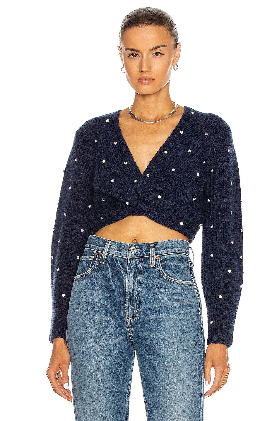 Image 1 of self-portrait Diamante Front Twist Cropped Sweater in Navy