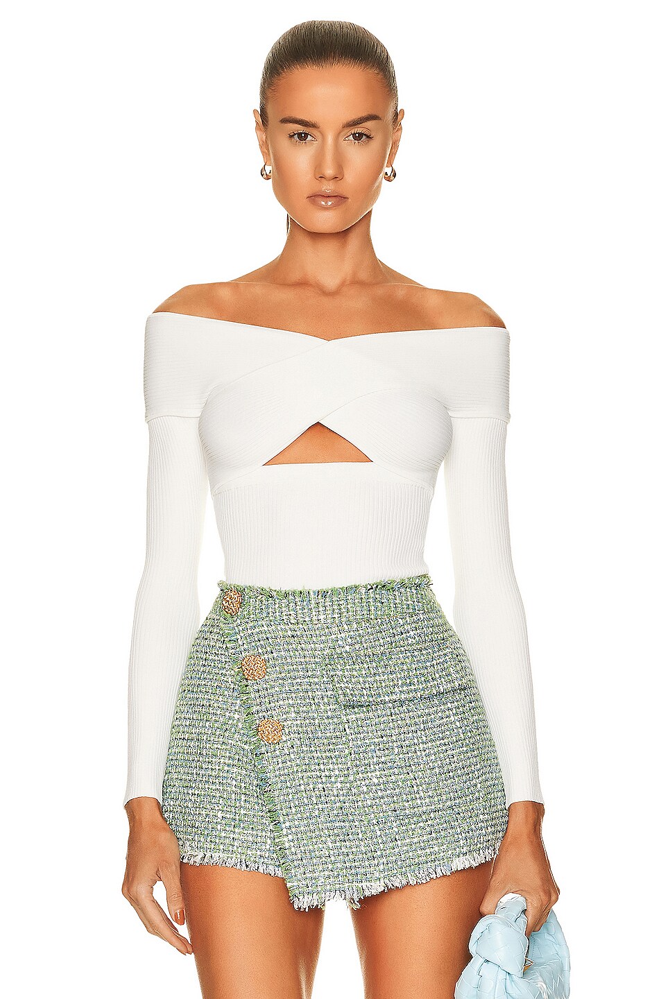 Image 1 of self-portrait Ribbed Knit Crossover Top in White