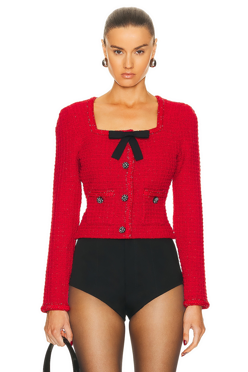 Image 1 of self-portrait Knit Bow Top in Red