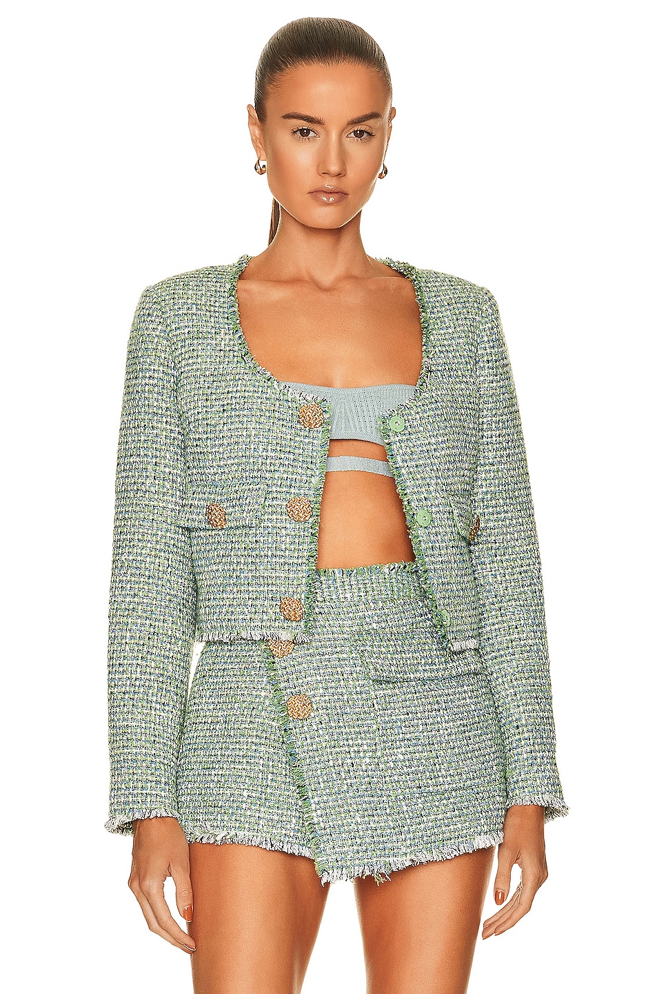 self-portrait Boucle Cropped Jacket in Green | FWRD