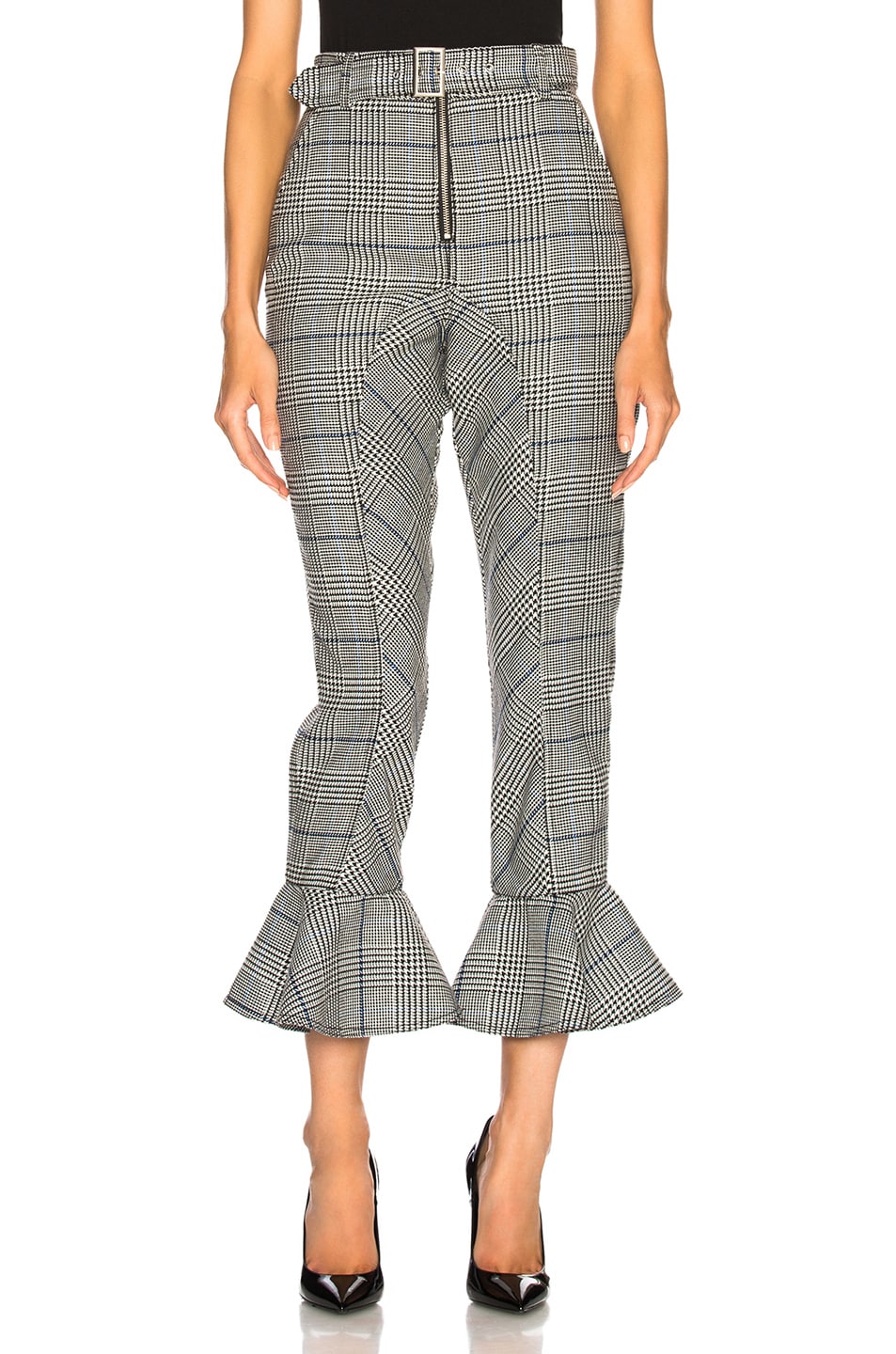 Image 1 of self-portrait Frilled Check Trousers in Black & White