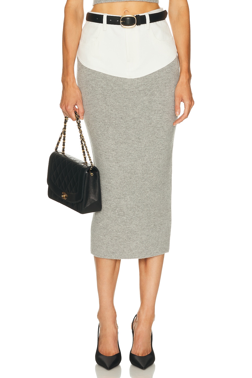 Knit Denim Insert Midi Skirt in White,Light Grey