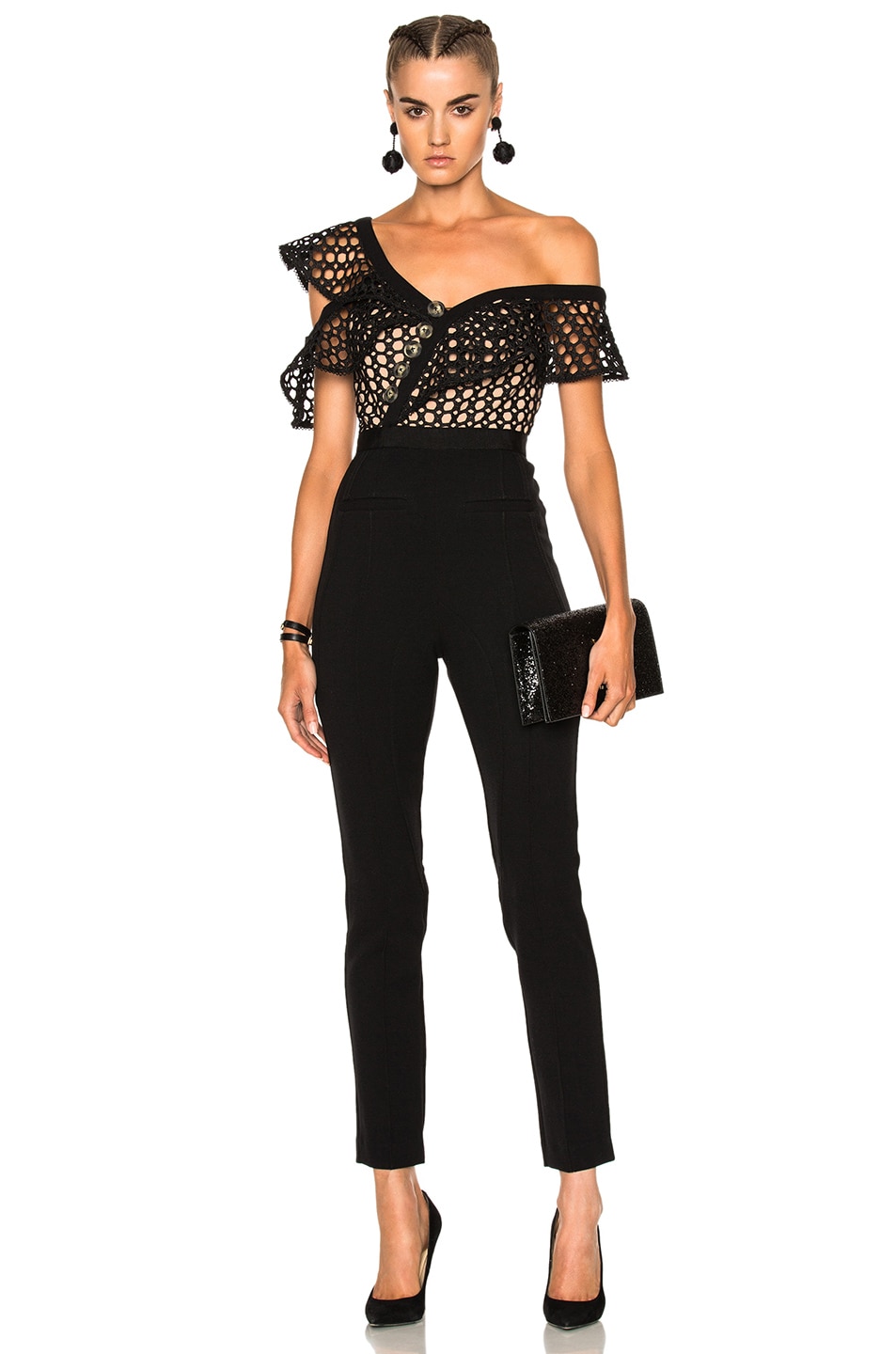 Image 1 of self-portrait Lace Frill Jumpsuit in Black