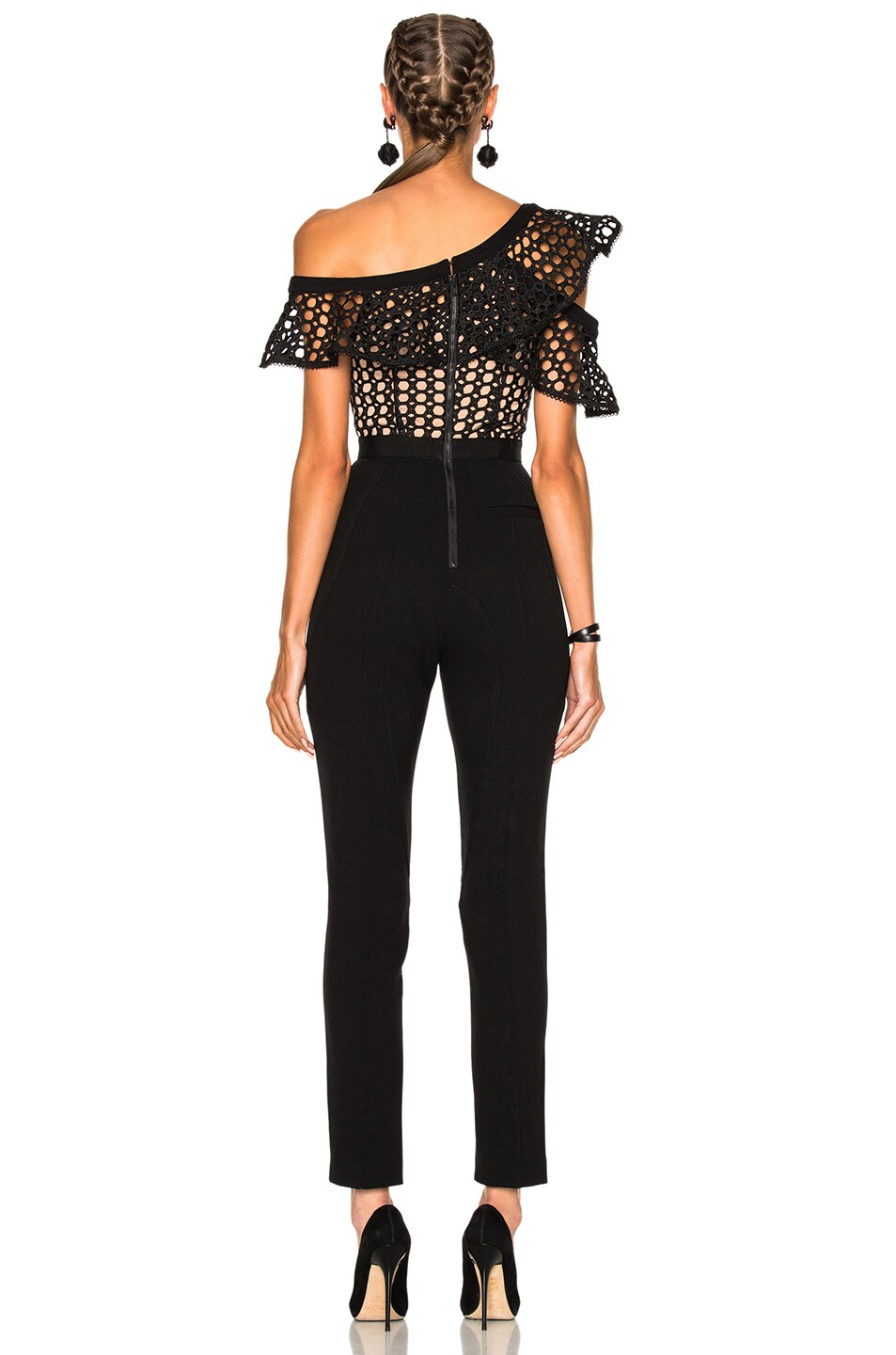 self-portrait Lace Frill Jumpsuit in Black | FWRD