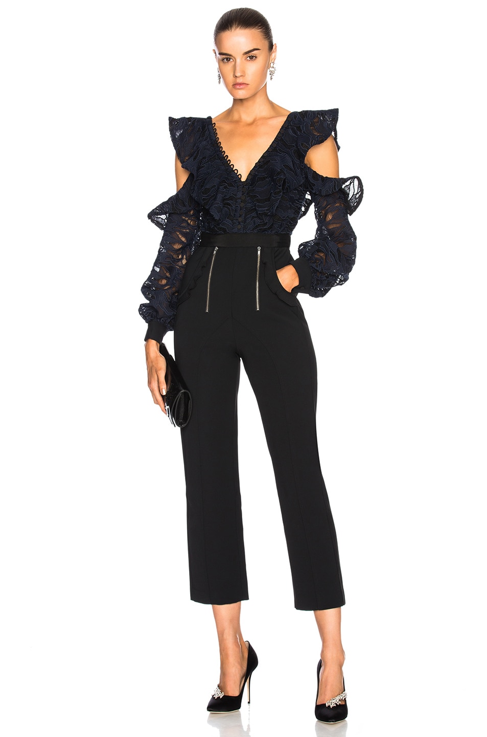 Image 1 of self-portrait Camo Lace Frill Jumpsuit in Navy