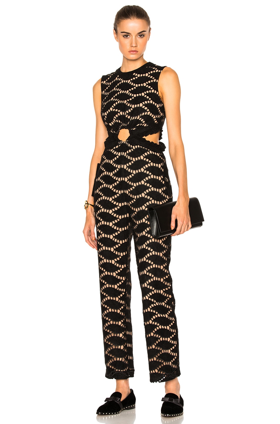 Image 1 of self-portrait Cutwork Embroidered Jumpsuit in Black