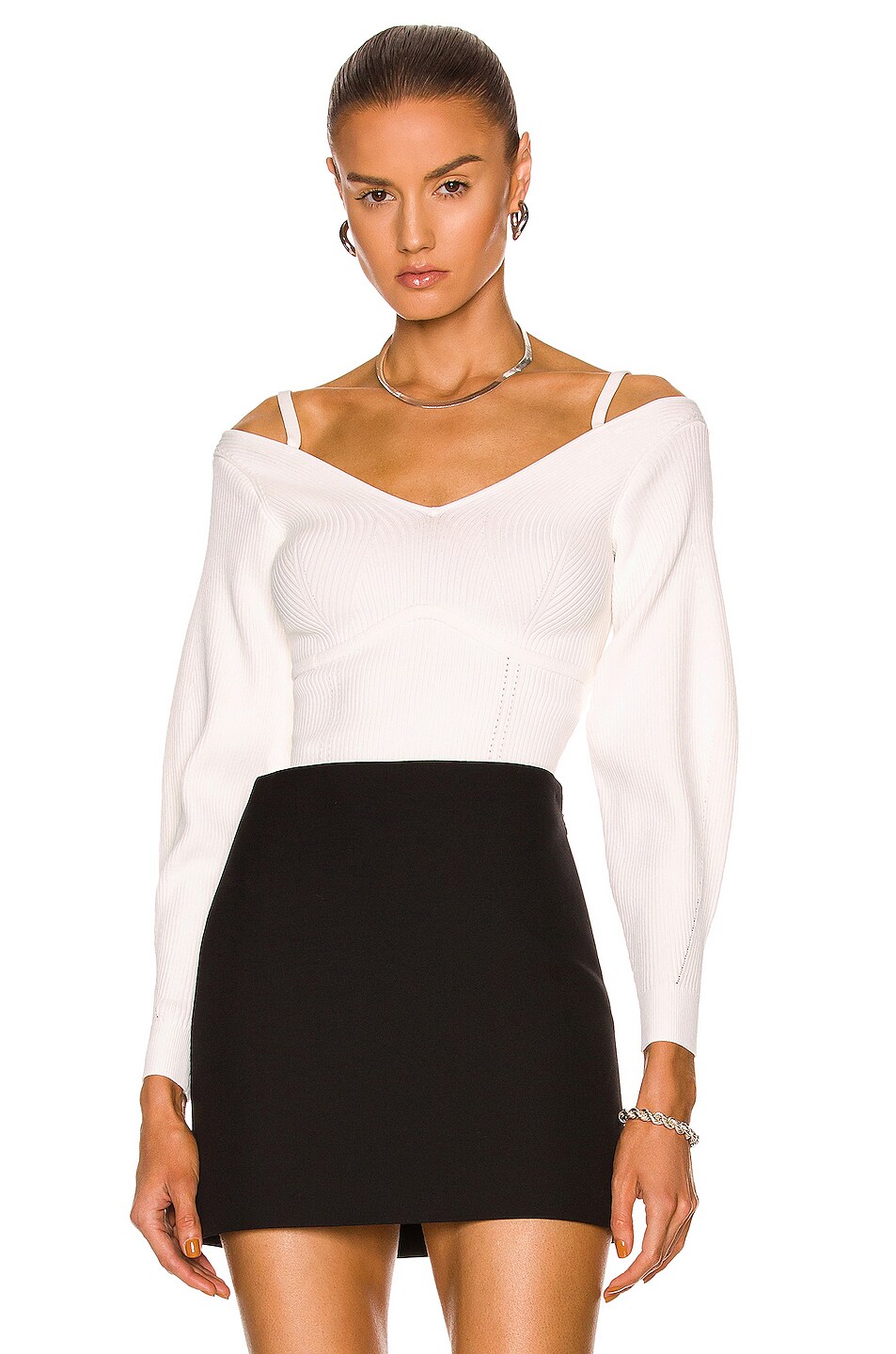 Image 1 of self-portrait Off Shoulder Knit Top in White