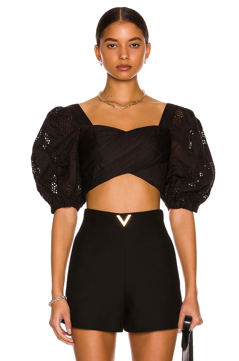 Image 1 of self-portrait Floral Embroidered Top in Black
