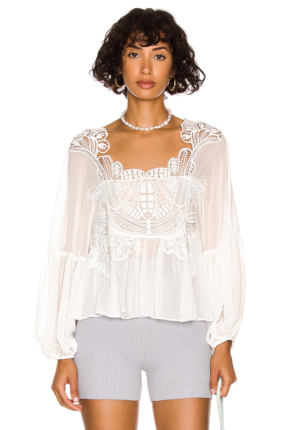 Image 1 of self-portrait Macrame Lace Georgette Blouse in Ivory