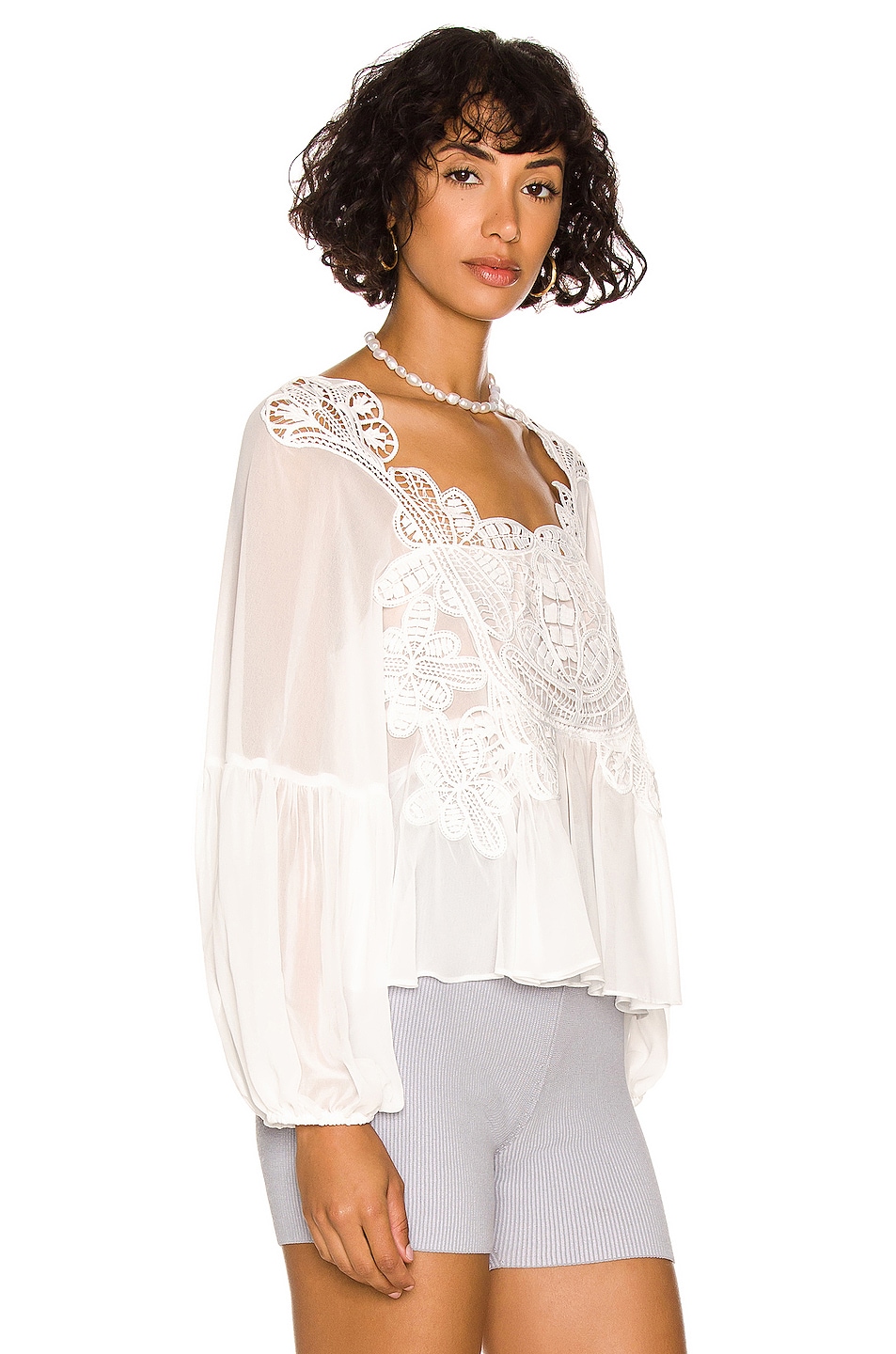 self-portrait Macrame Lace Georgette Blouse in Ivory | FWRD