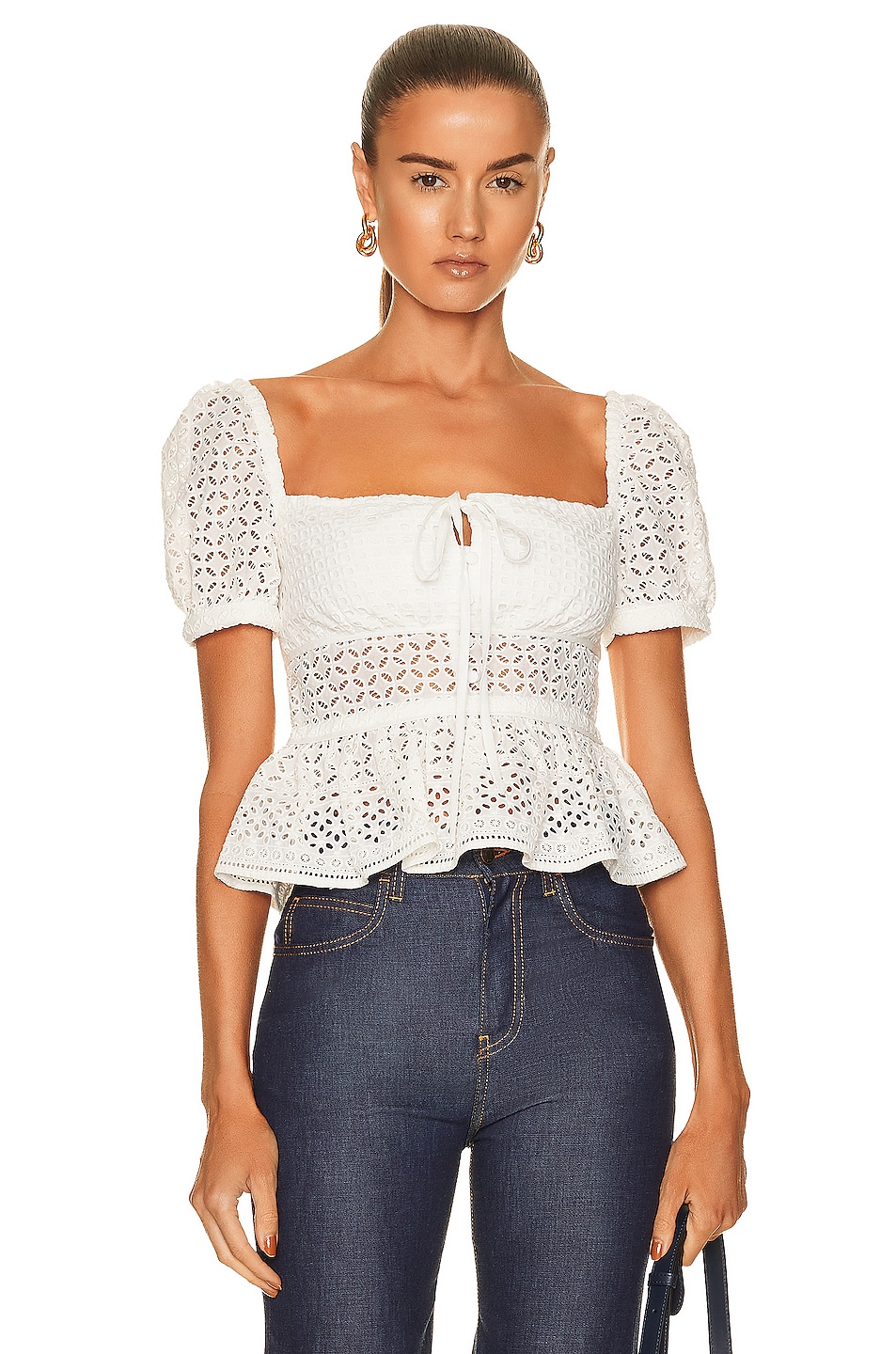 Image 1 of self-portrait Broderie Peplum Top in White