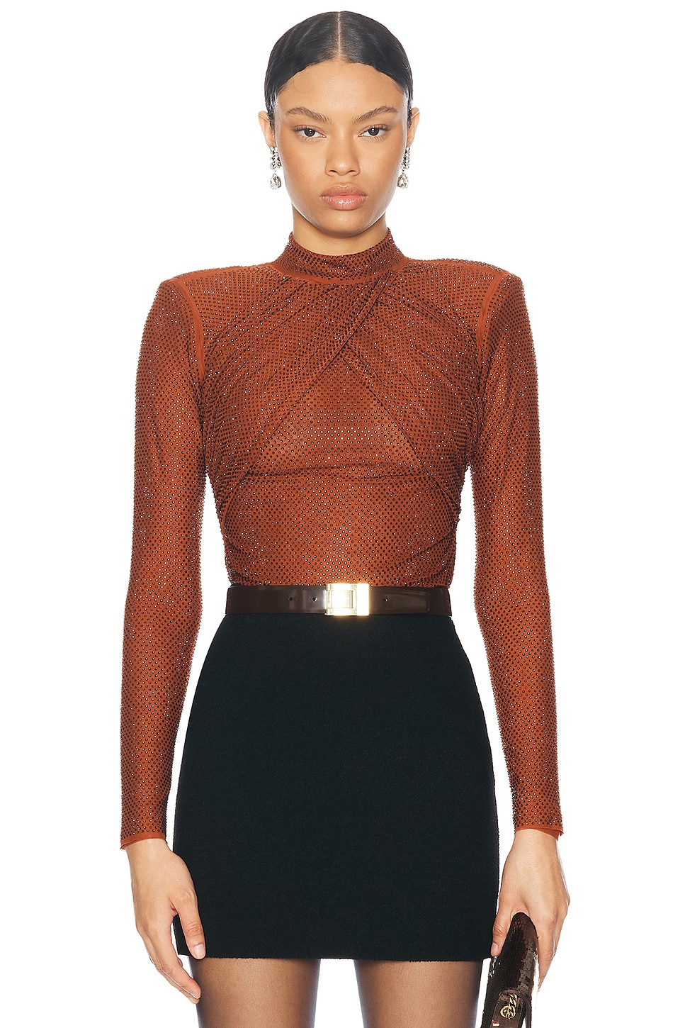 Image 1 of self-portrait Rhinestone Mesh Top in Brown