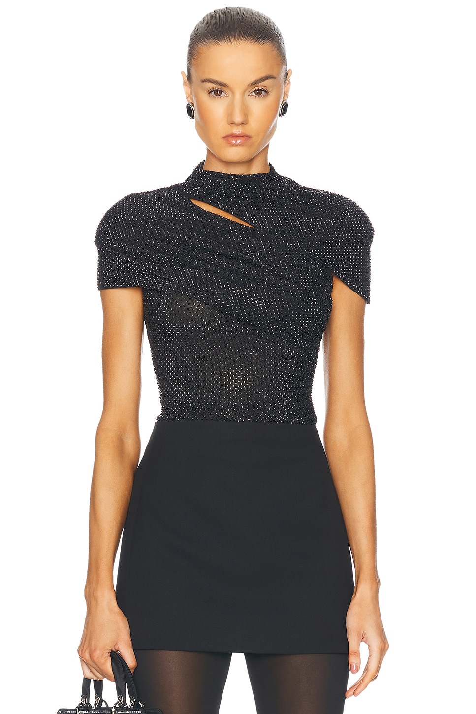 Image 1 of self-portrait Rhinestone Mesh Cut Out Top in Black