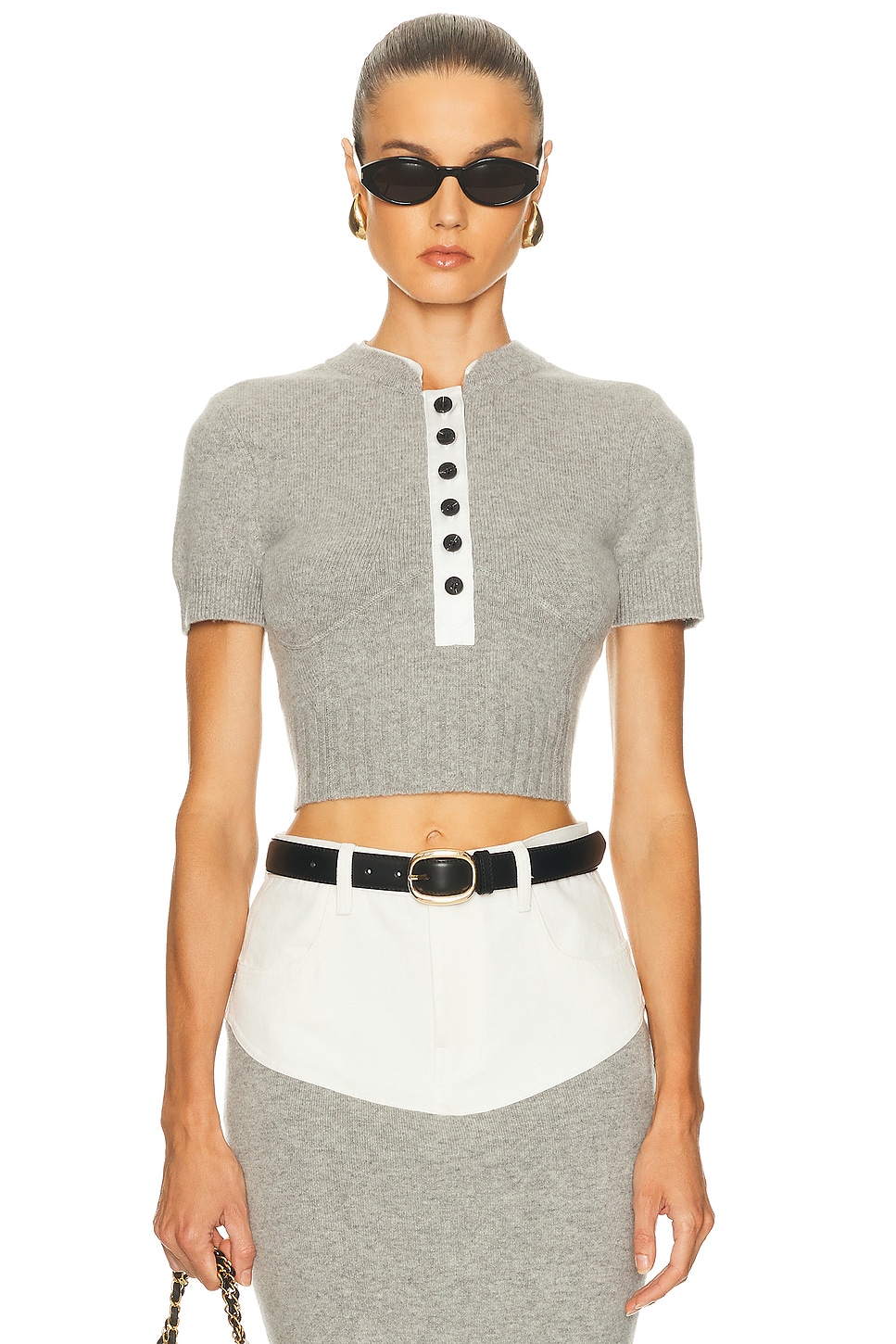 Image 1 of self-portrait Short Sleeve Knit Top in Grey