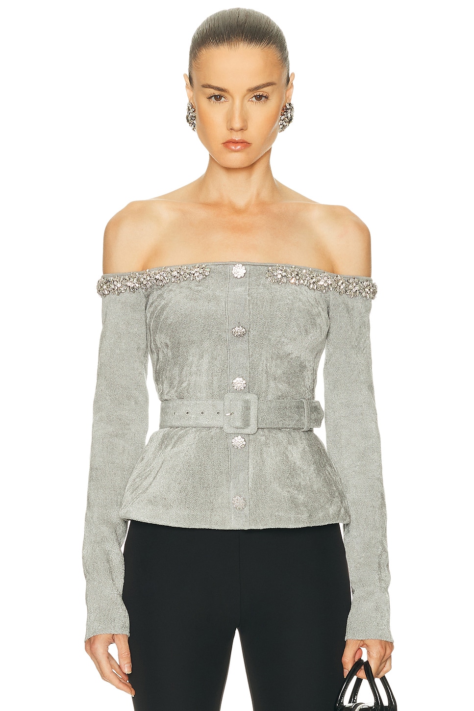 Image 1 of self-portrait Chenille Knit Crystal Trim Top in Grey