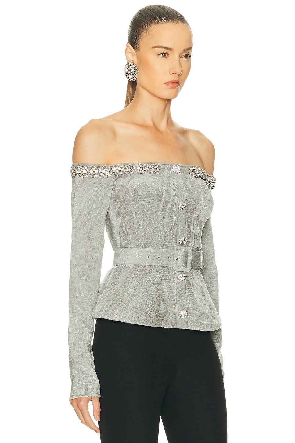 Self-portrait Grey Chenille Knit Crystal Trim Top Clothing In Blue