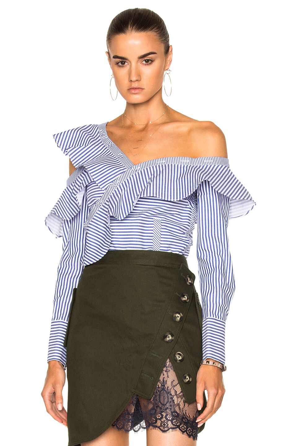 Image 1 of self-portrait Striped Frill Shirt in Navy