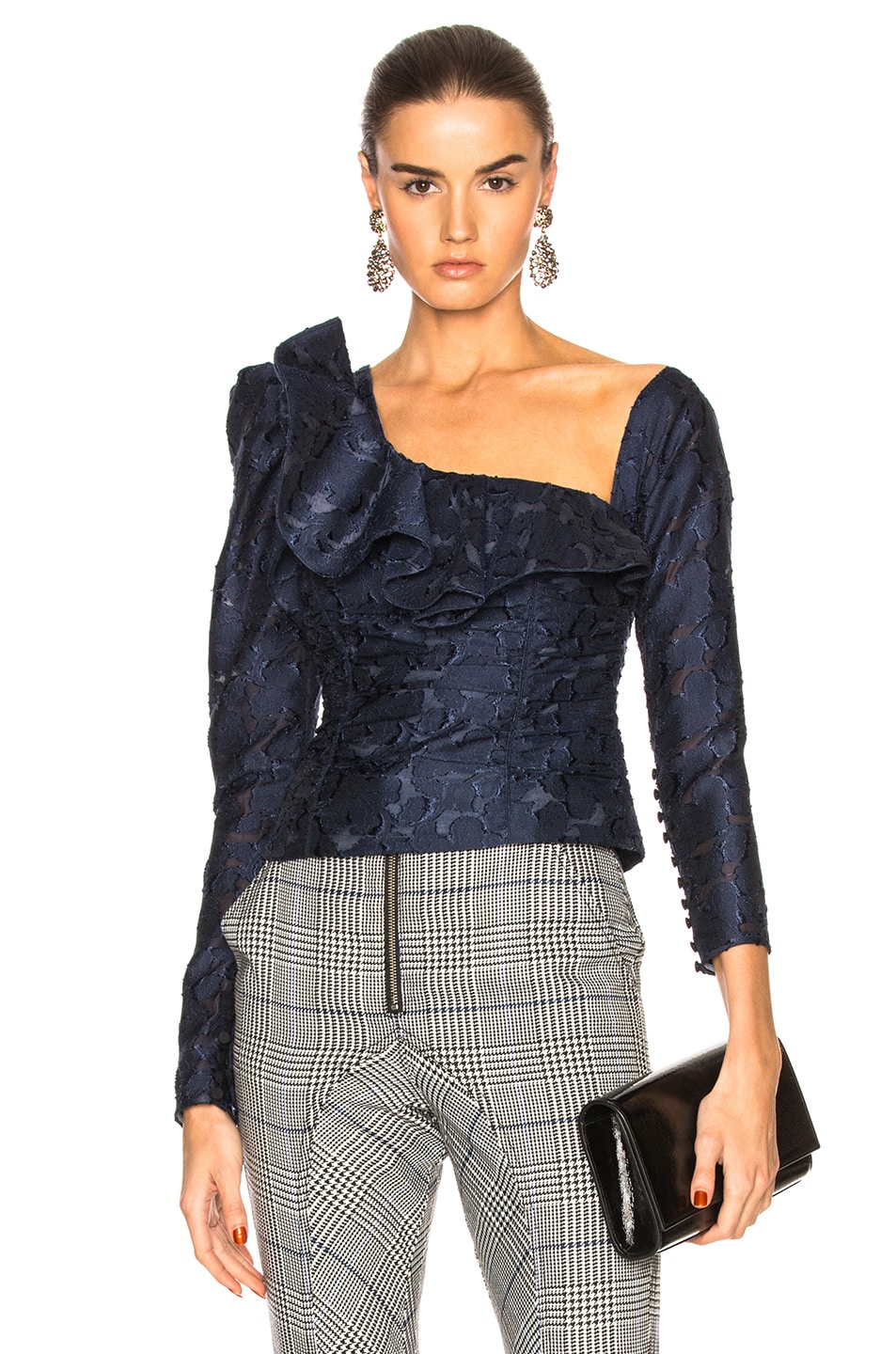 Image 1 of self-portrait Floral Fil Coupe Ruffle Top in Navy