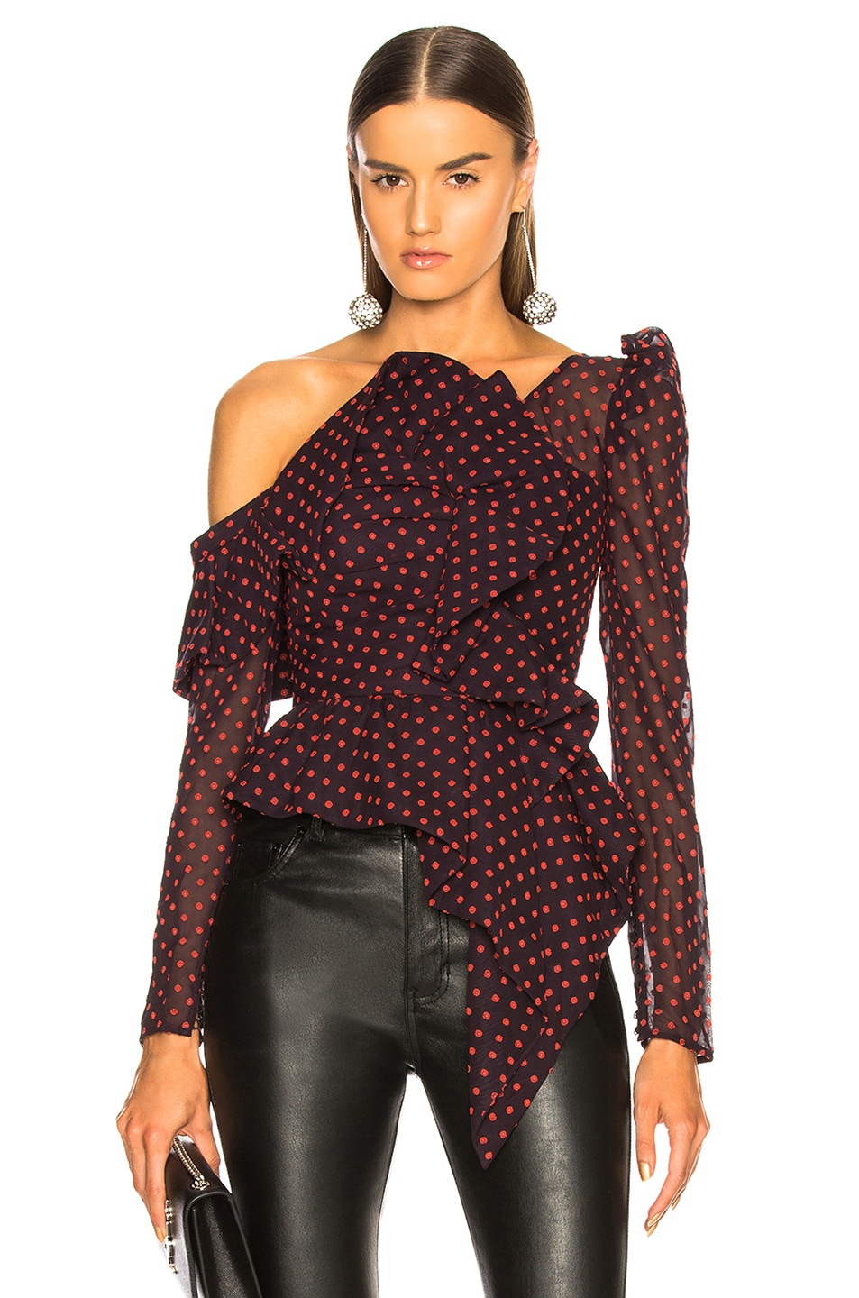 Image 1 of self-portrait Plumetis Dot Frill Top in Navy & Red