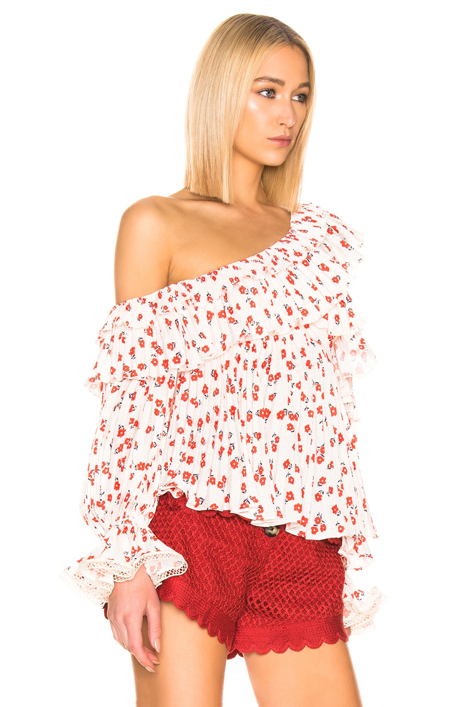 Pine Ditsy Floral One Shoulder Ruched Long Sleeve Top