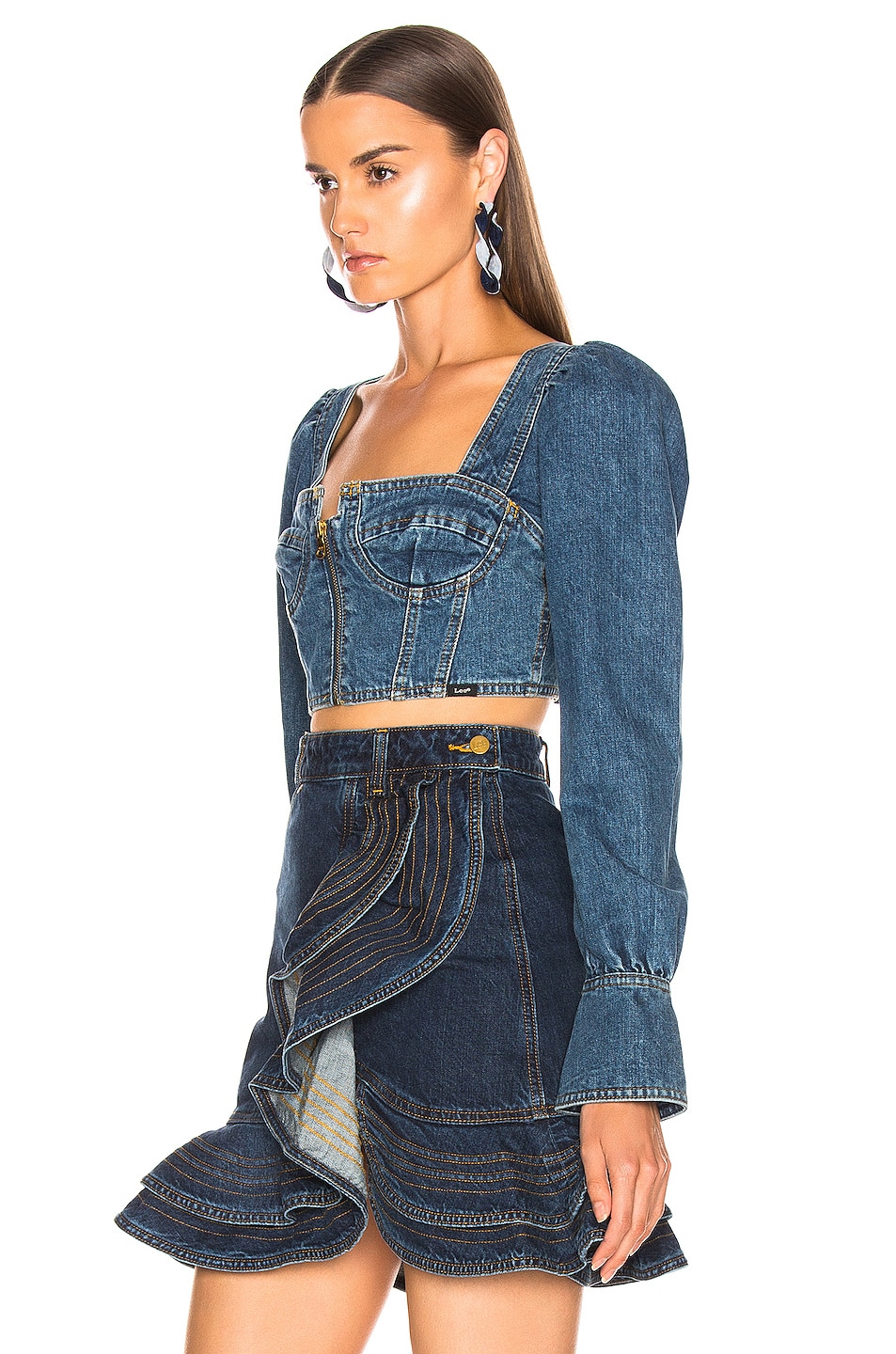 Self Portrait X Lee Denim Bustier Top In Blue Fwrd 3132