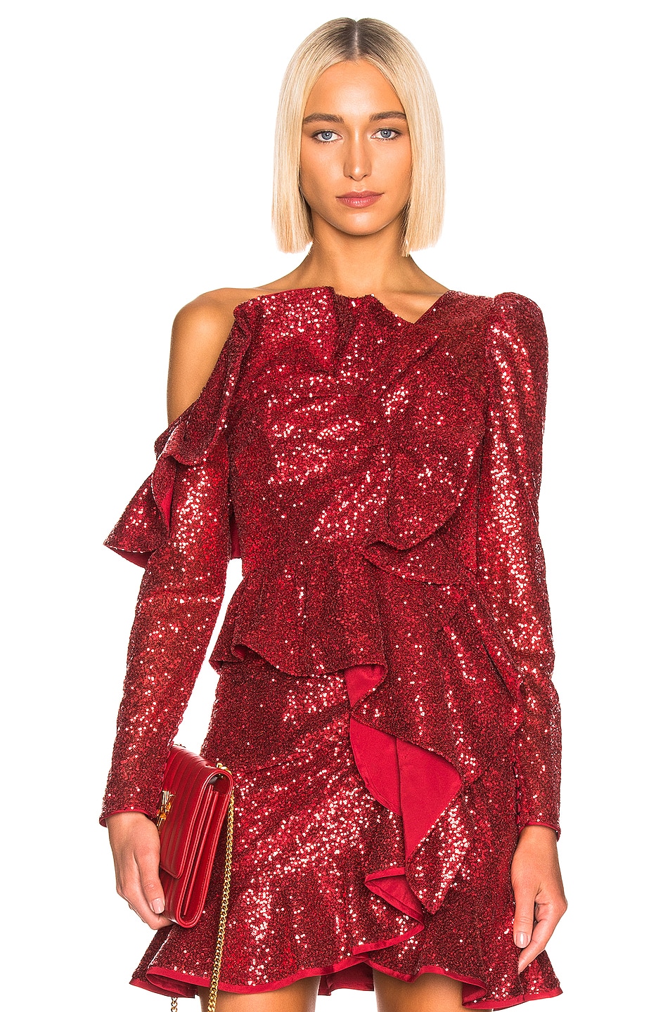 Image 1 of self-portrait for FWRD Sequin Frill Top in Red