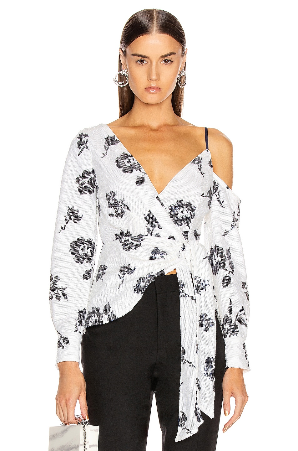 Image 1 of self-portrait Floral Sequin Wrap Top in Ivory & Navy