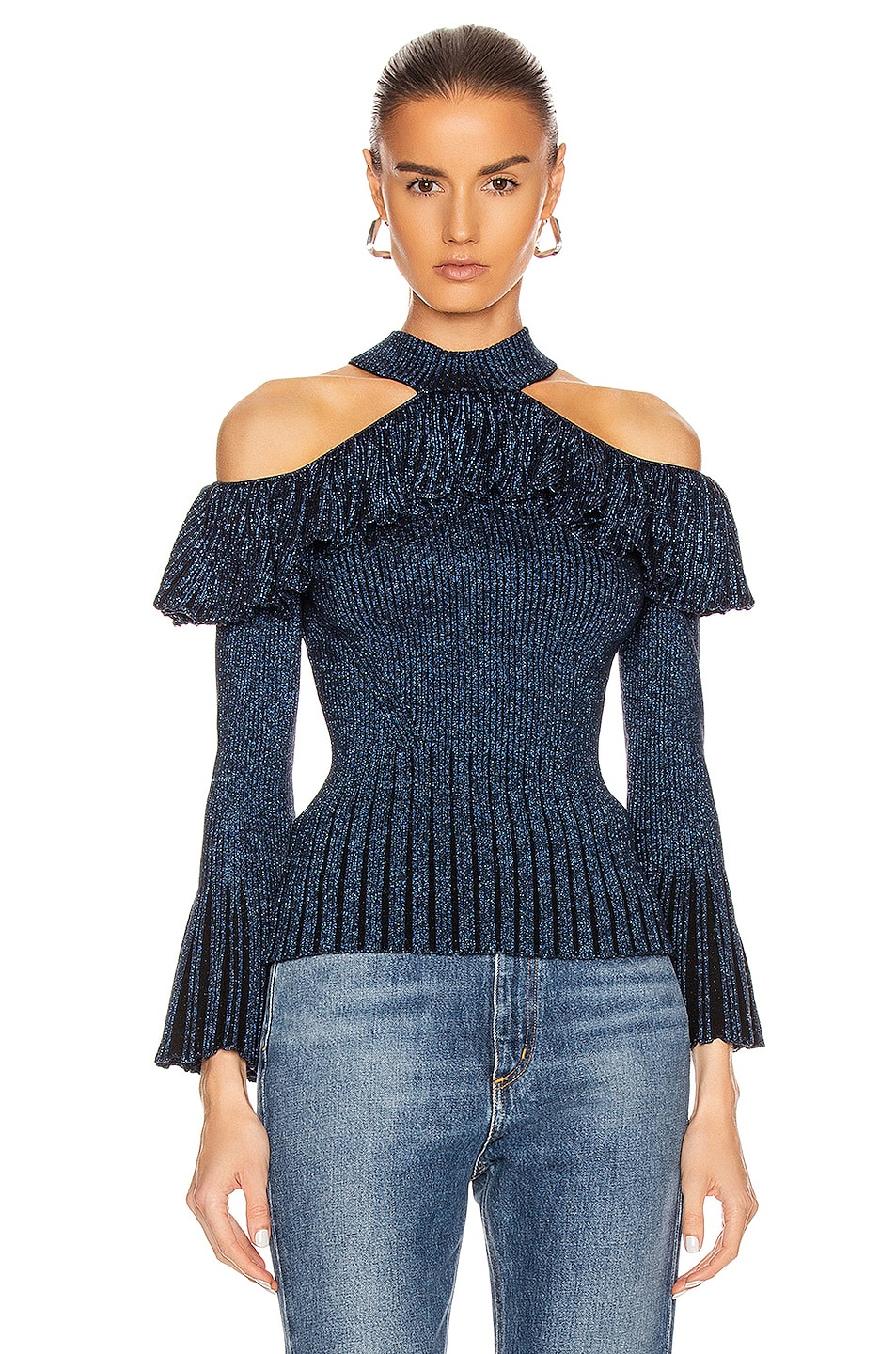 Image 1 of self-portrait Cold Shoulder Frill Knit Top in Navy
