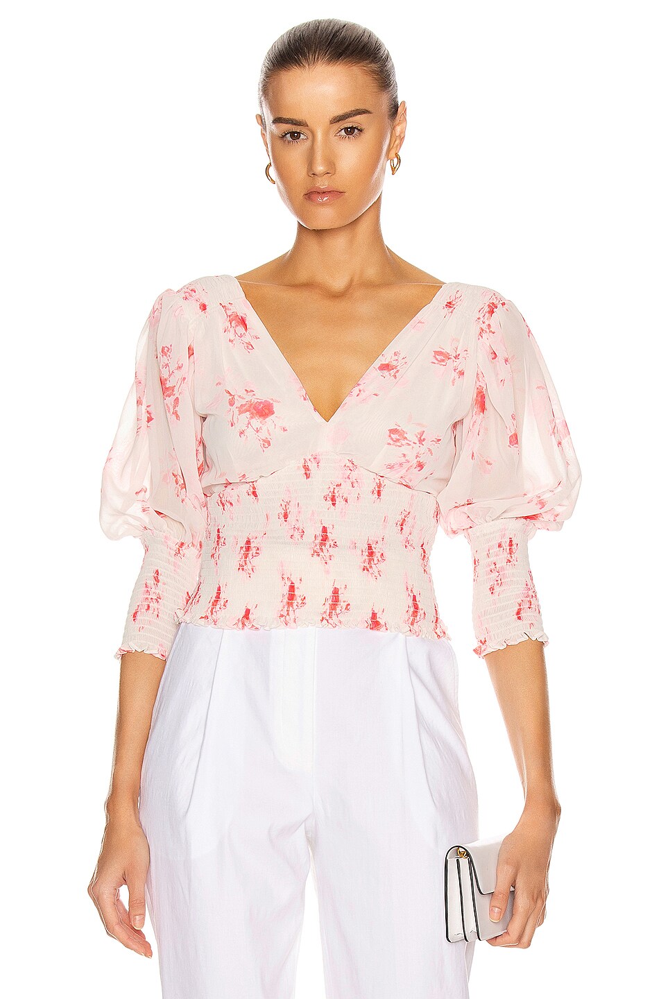 Image 1 of self-portrait Floral Print Puff Sleeve Top in Multi
