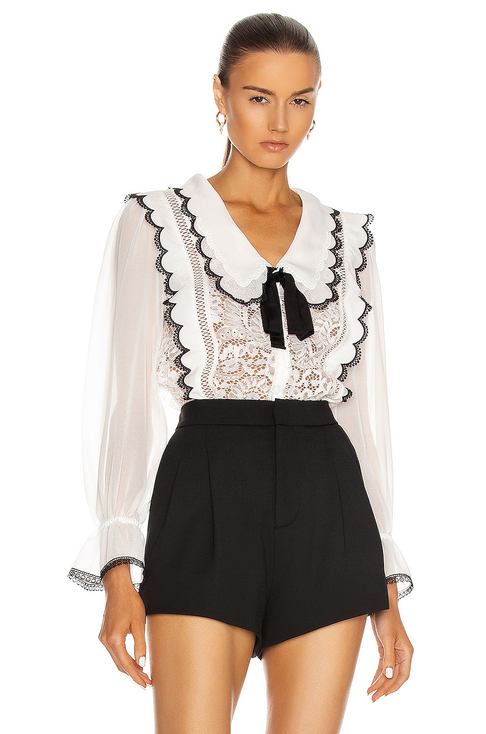 self-portrait Cord Lace Collar Bow Shirt in White | FWRD