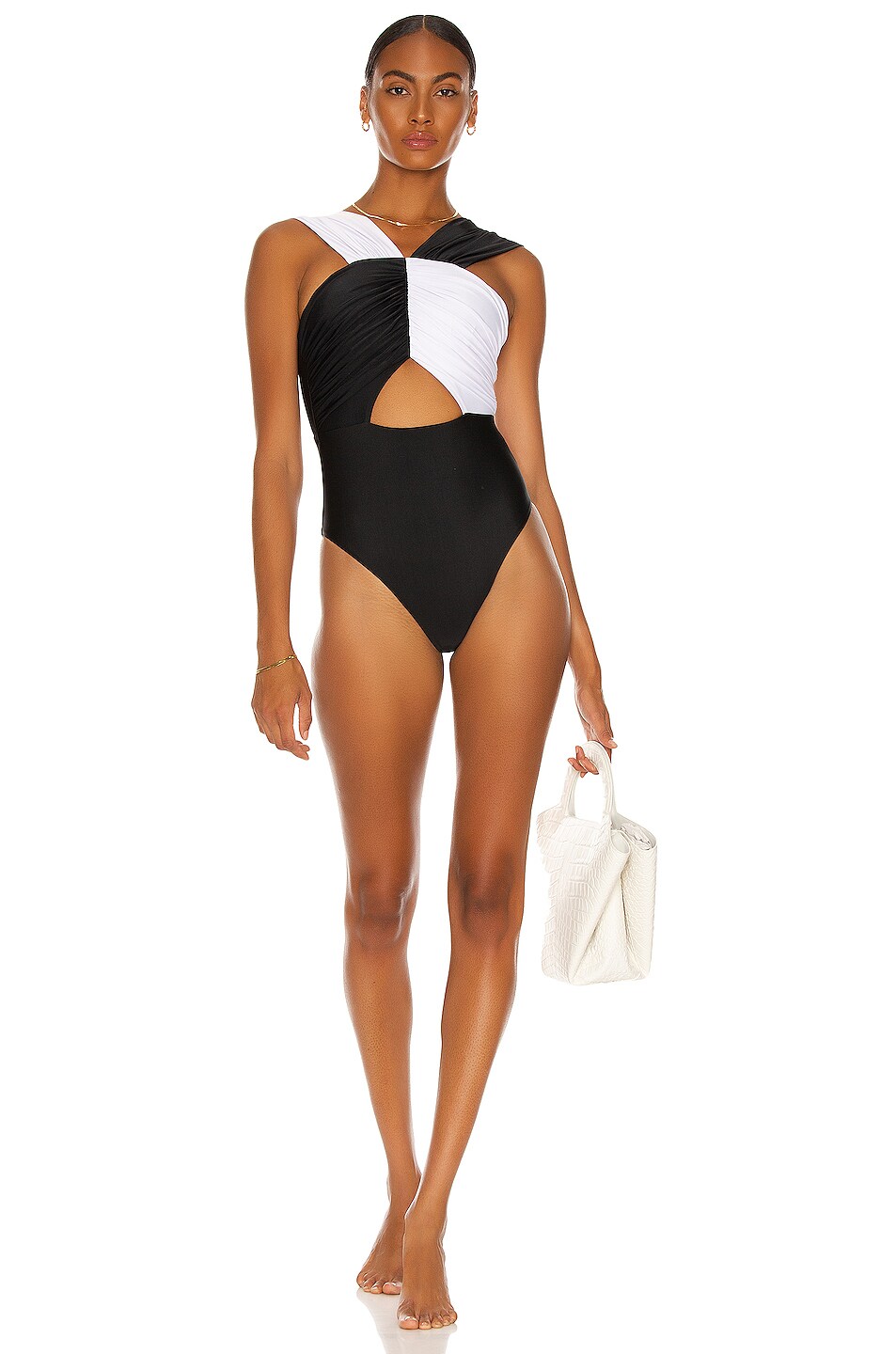 Image 1 of self-portrait Contrast Ruched Strap Swimsuit in Black & White
