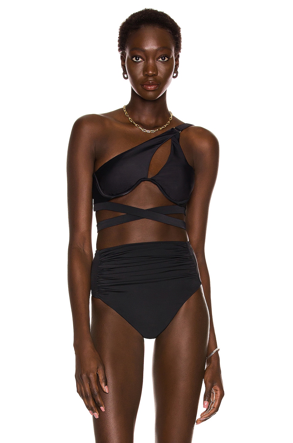 Image 1 of self-portrait Tie Detail Bikini Top in Black