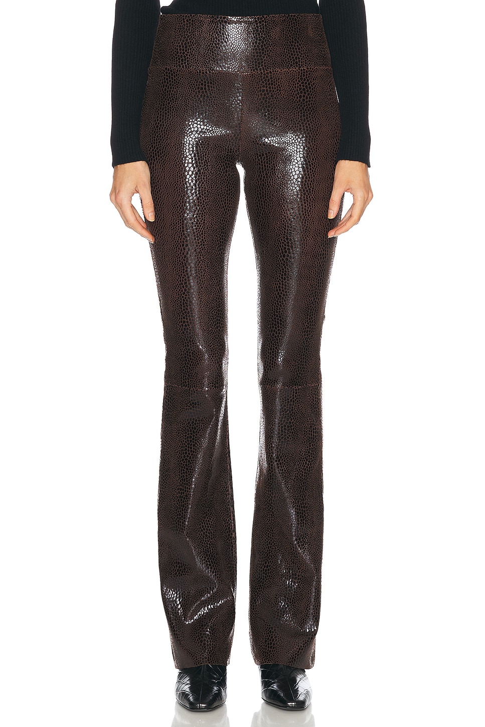 Image 1 of SPRWMN Micro Flare Pant in Chocolate Embossed Snakeskin