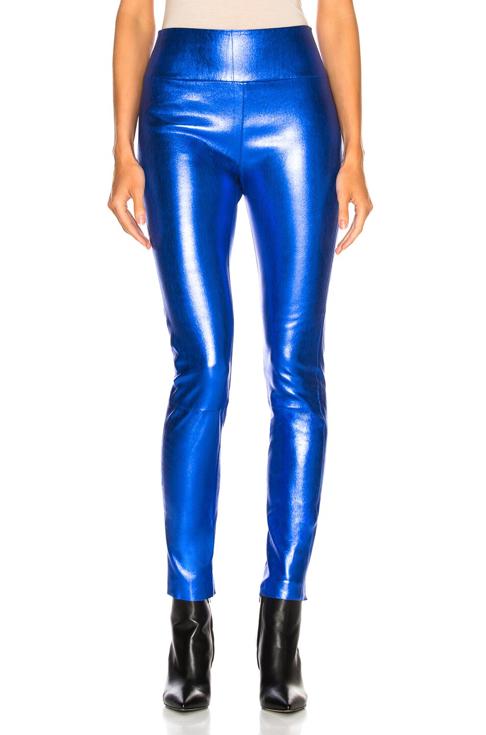 Image 1 of SPRWMN High Waist Leather Ankle Legging in Metallic Blue