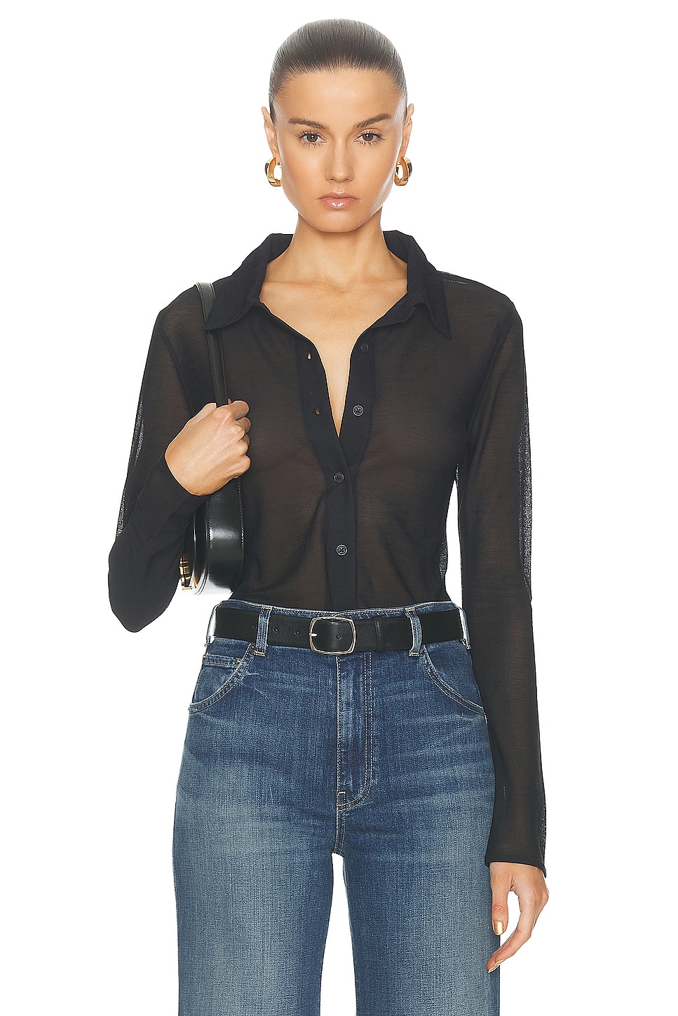 Image 1 of SPRWMN Mesh Knit Button Up Top in Black