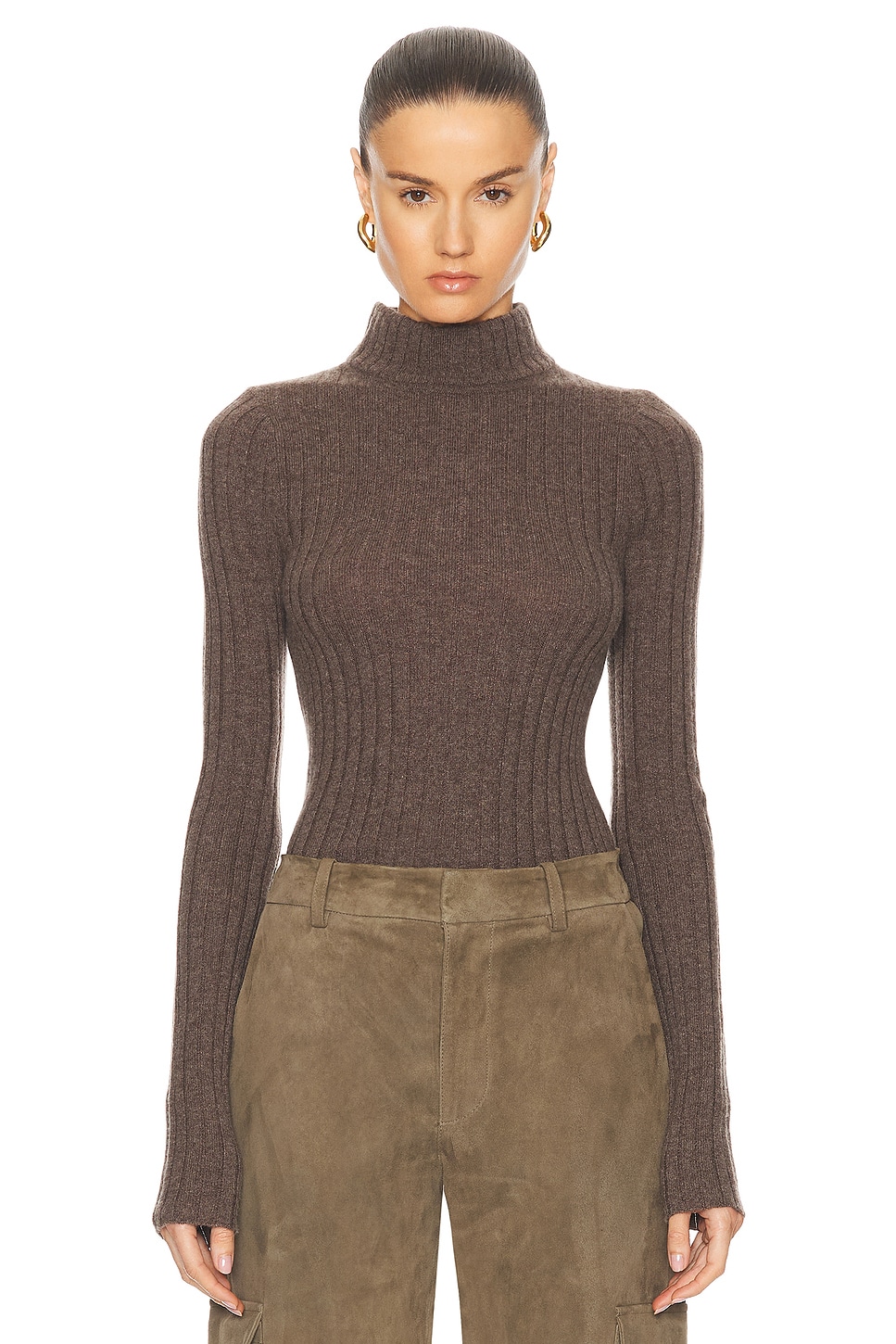 Sprwmn Long Sleeve Cashmere Mock Neck Top In Truffle