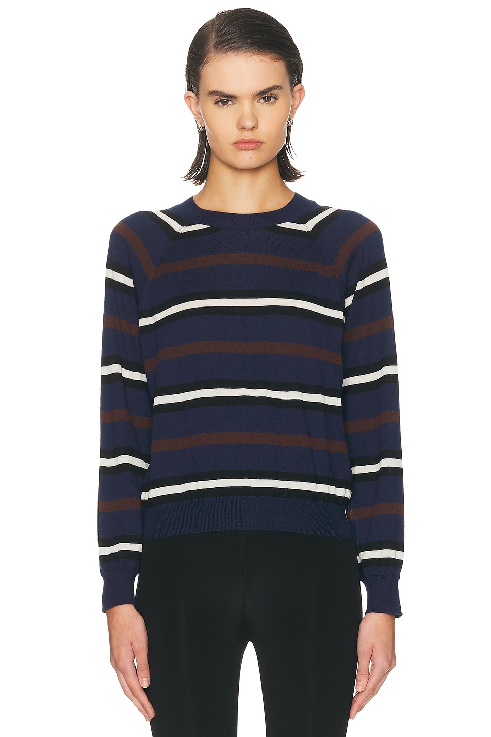 Image 1 of SPRWMN Cashmere Long Sleeve Striped Raglan Tee in Navy & Brown
