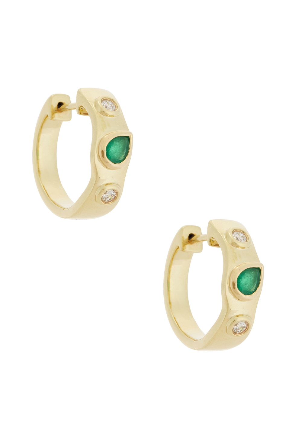 Image 1 of STONE AND STRAND Luxe Diamond Huggie Earrings in 10k Yellow Gold, Emerald, & White Diamond