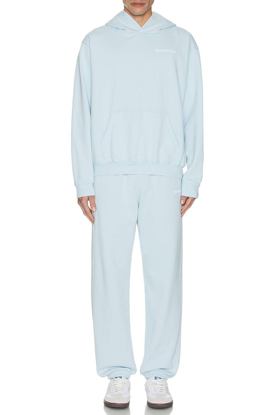 Image 1 of Sporty & Rich Serif Logo Sweatpants in Baby Blue & White