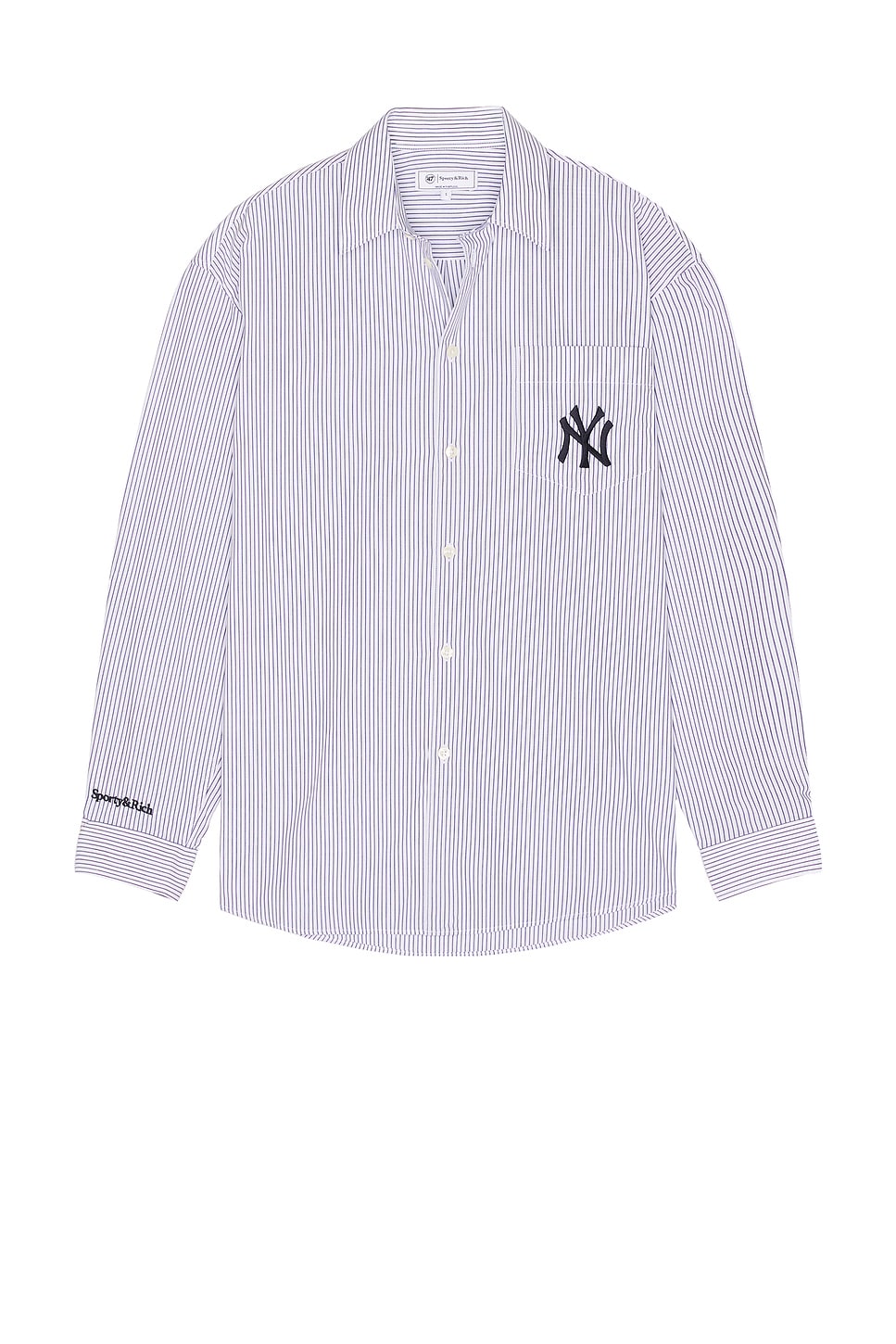 Image 1 of Sporty & Rich Yankees Serif Oversized Shirt in Navy Striped