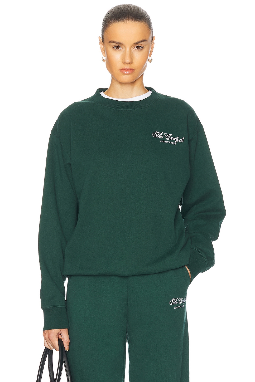 X Hotel Carlyle Script Embroidered Crewneck Sweater in Dark Green