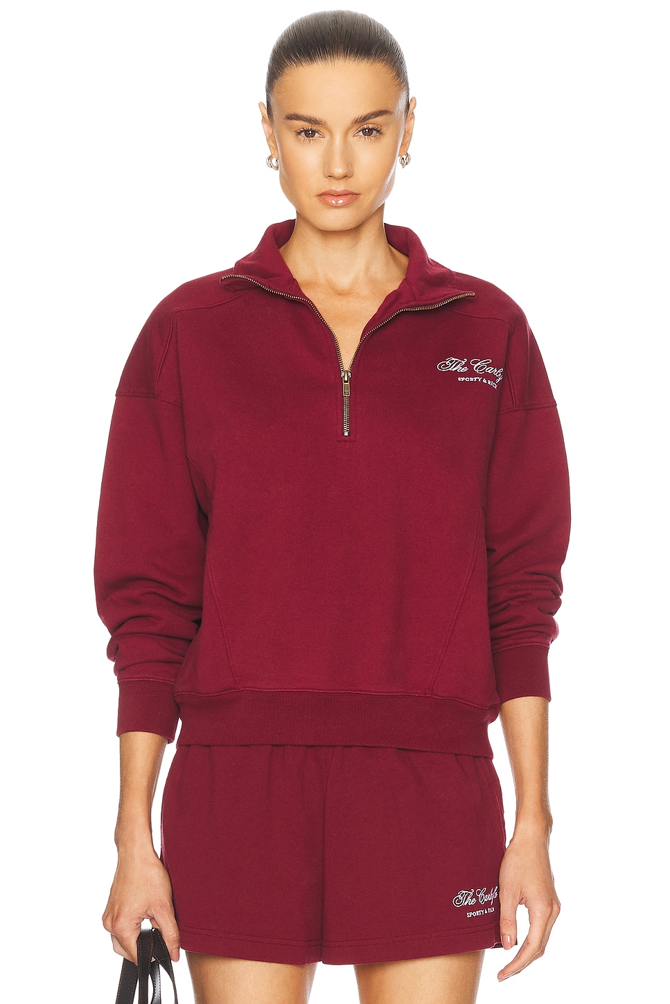 X Hotel Carlyle Script Embroidered Quarter Zip Sweater in Burgundy