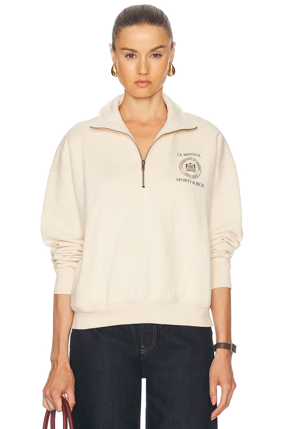 X Le Bristol Paris Faubourg Quarter Zip Sweatshirt in Cream